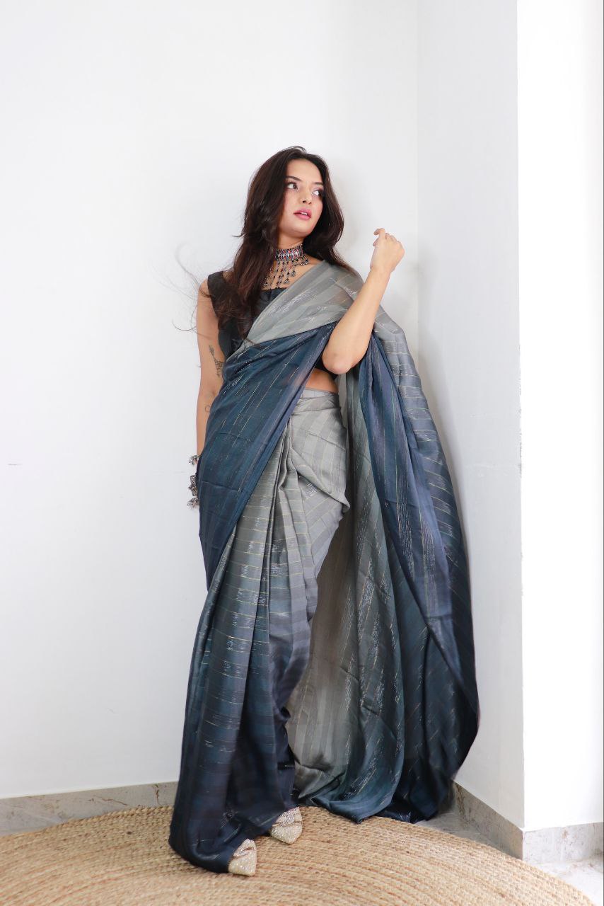 1-min ready to wear satin patti 3d shaded saree with unstitch blouse.