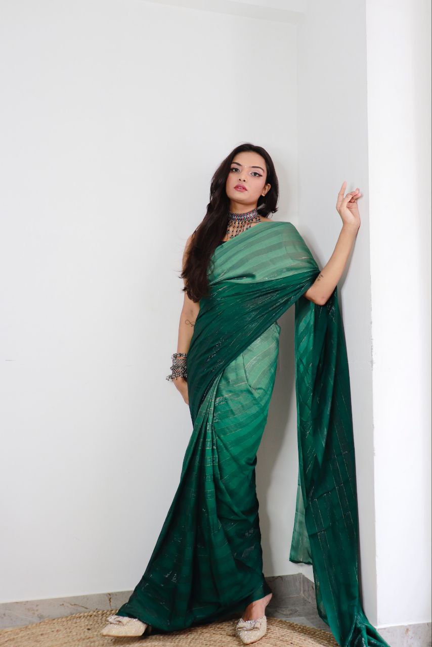 1-min ready to wear satin patti 3d shaded saree with unstitch blouse. TAAPSEE B.GREEN