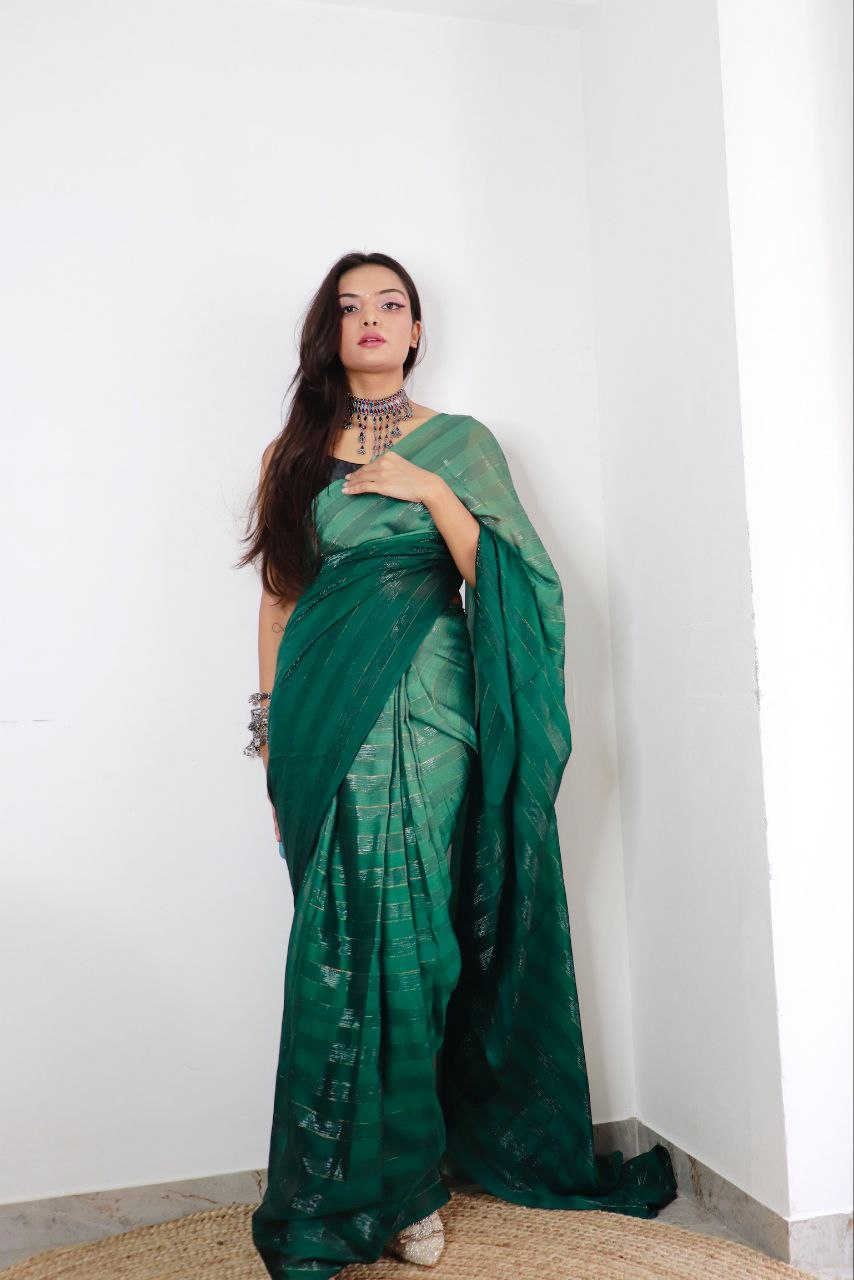 1-min ready to wear satin patti 3d shaded saree with unstitch blouse. TAAPSEE B.GREEN