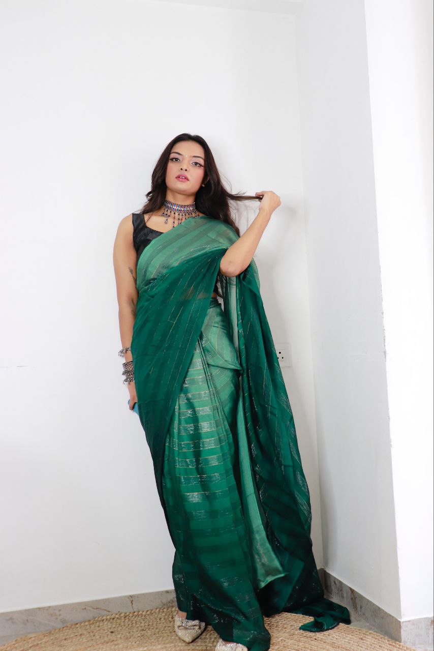 1-min ready to wear satin patti 3d shaded saree with unstitch blouse. TAAPSEE B.GREEN