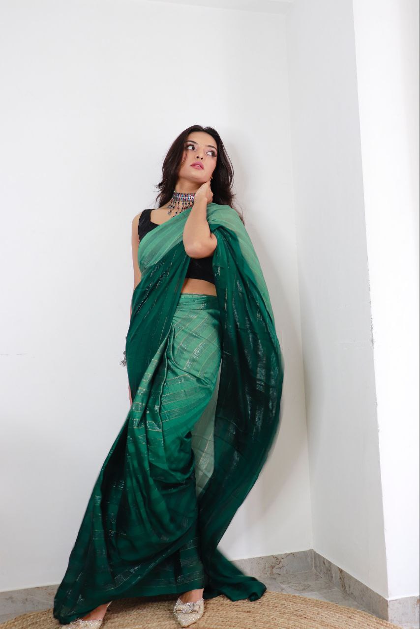 1-min ready to wear satin patti 3d shaded saree with unstitch blouse. TAAPSEE B.GREEN