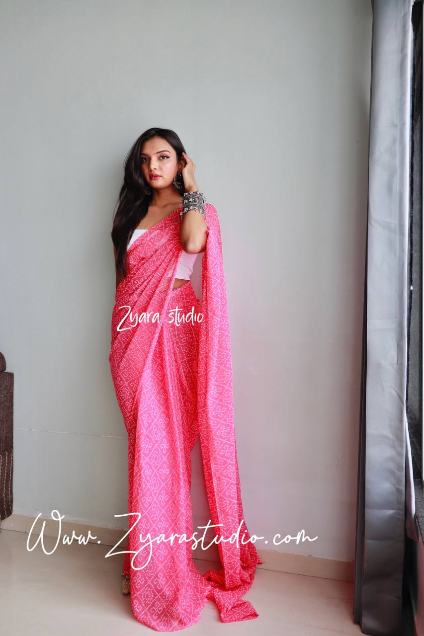 1-min ready to wear fox georgette bhandhani design saree with unstitch blouse.