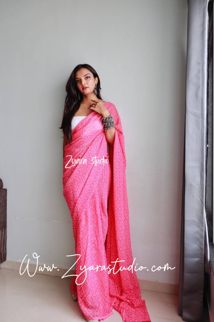 1-min ready to wear fox georgette bhandhani design saree with unstitch blouse.