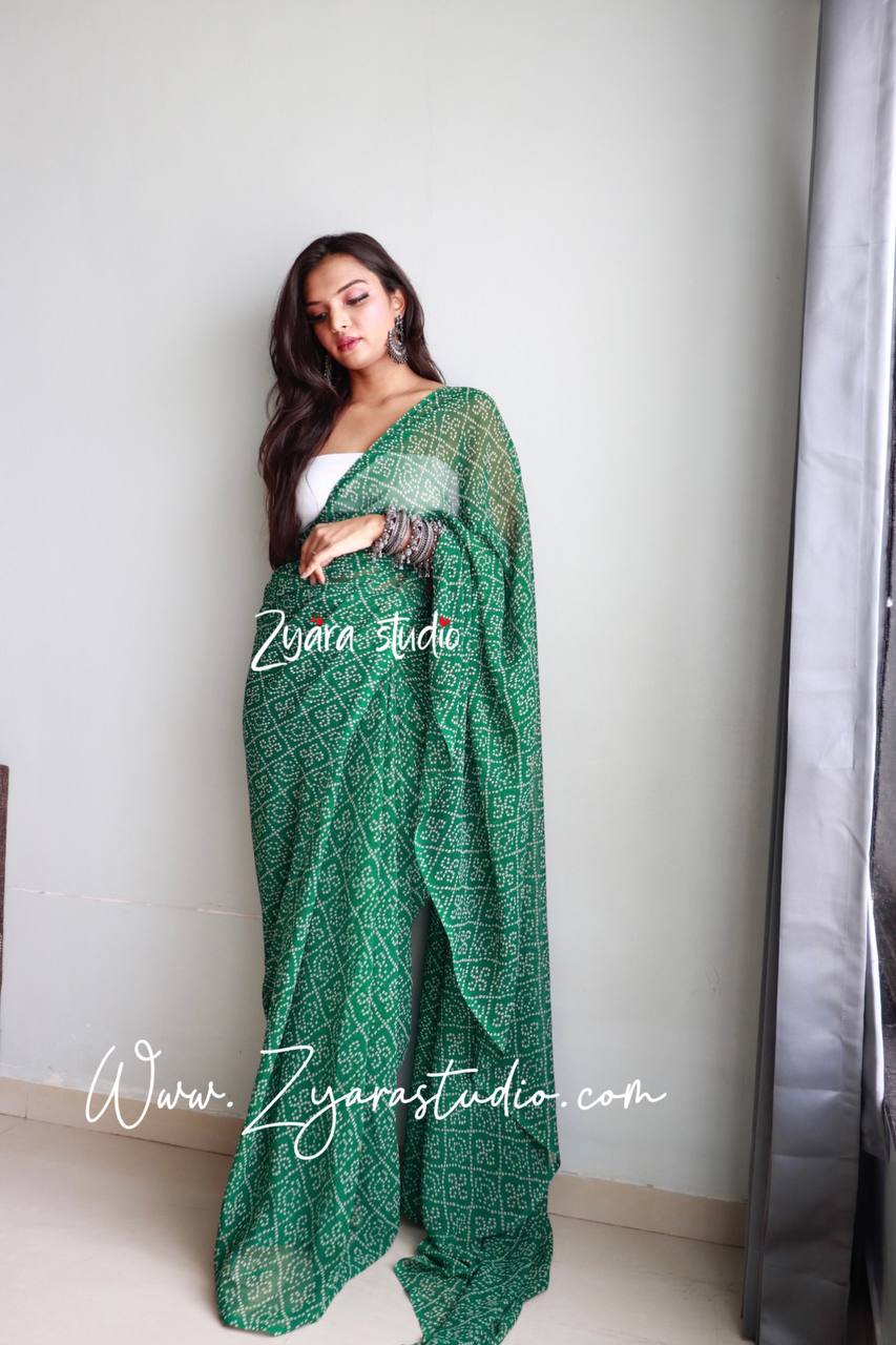 1-min ready to wear fox georgette bhandhani design saree with unstitch blouse. BHADHANI GREEN