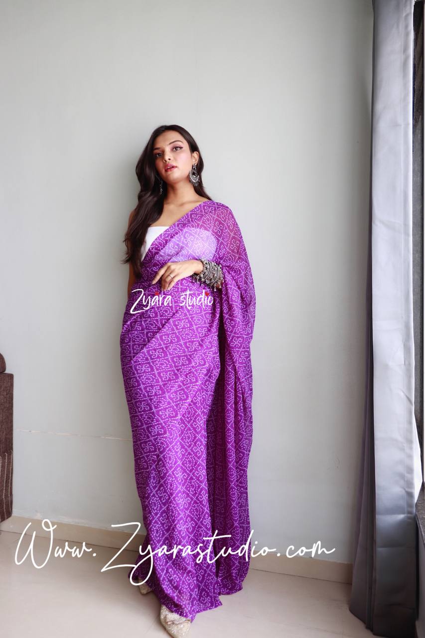 1-min ready to wear fox georgette bhandhani design saree with unstitch blouse. BHANDHANI PURPLE