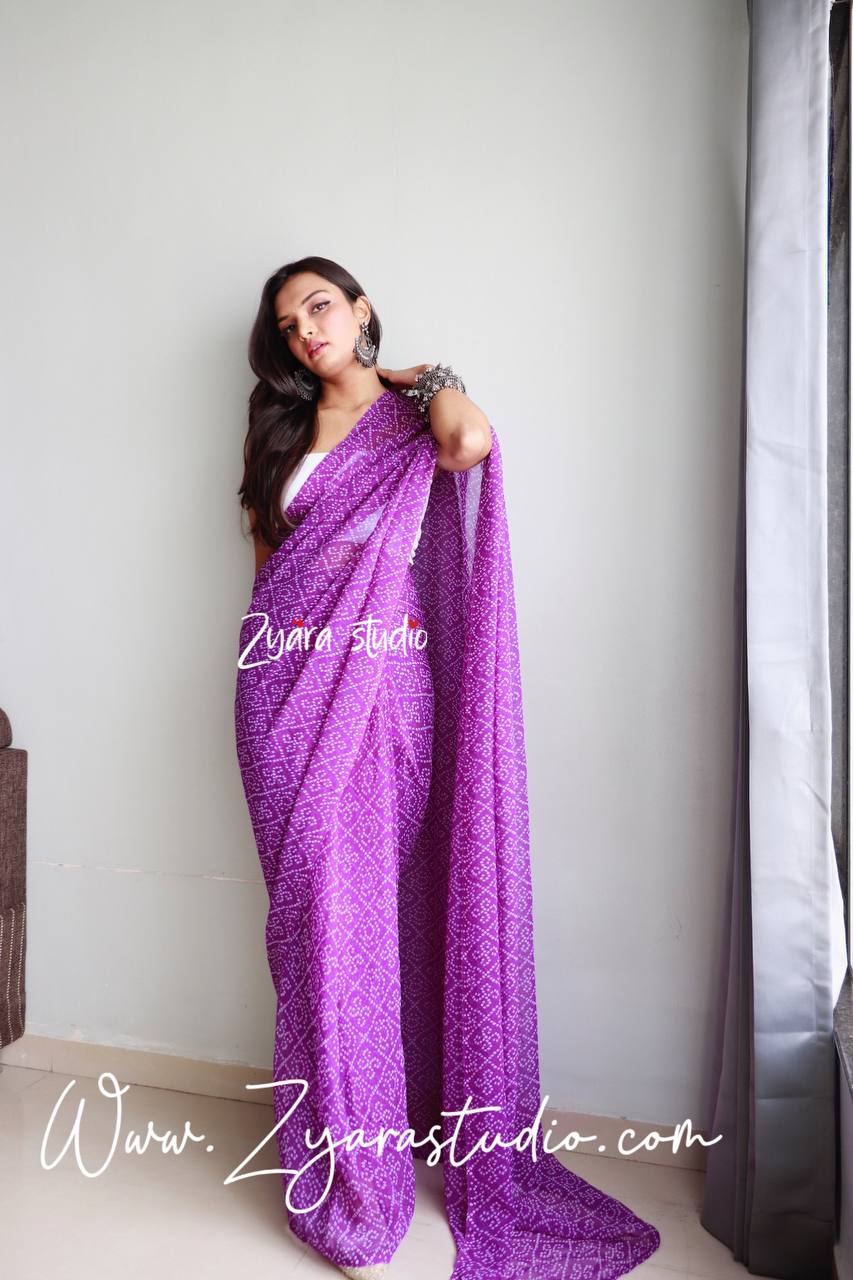 1-min ready to wear fox georgette bhandhani design saree with unstitch blouse. BHANDHANI PURPLE