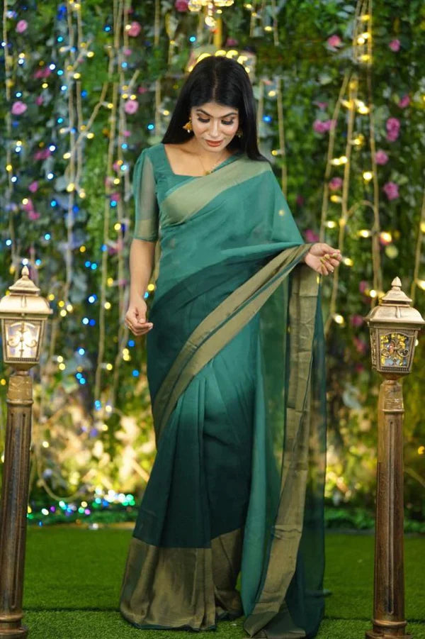 1-min ready to wear saree in premium chiffon silk 3d padding zari patta with unstitch blouse. 2075 GREEN